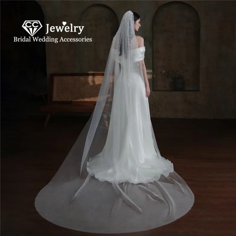 

CC Cathedral Veils Women Accessories Wedding Hairwear Bridal Headdress Engagement Jewelry 3M Imitation Pearls Elegant Veil V862