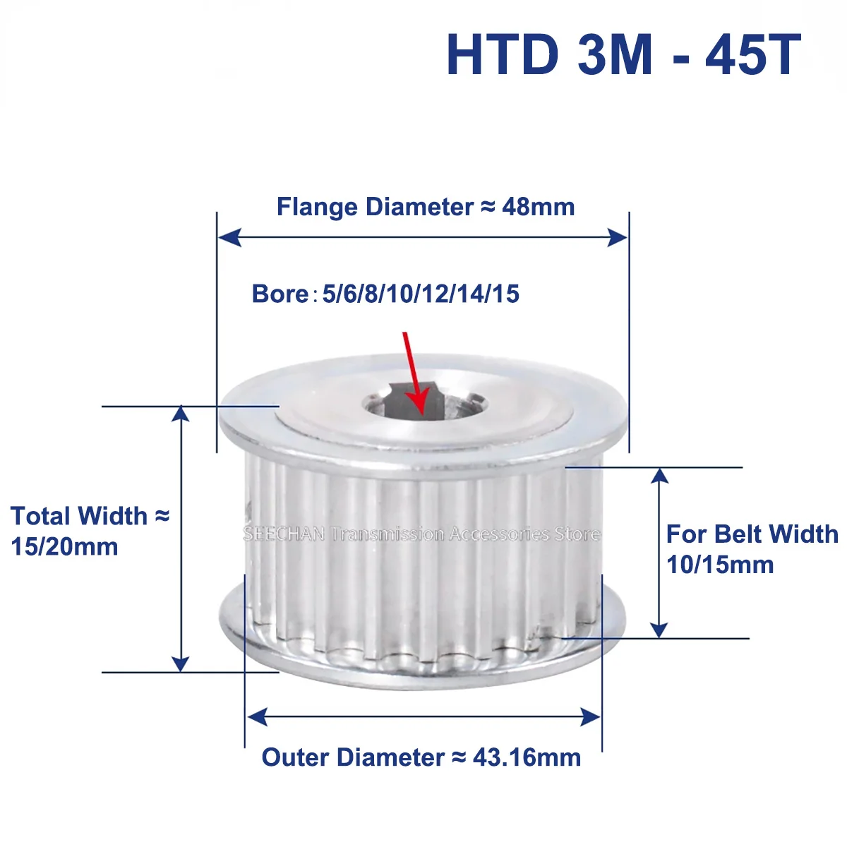 45 зубьев HTD 3M синхронный шкив с отверстием 5/6/8/10/12/14/15 мм для ширины 10/15 мм HTD3M ремень ГРМ HTD3M шкив с 45 зубьями