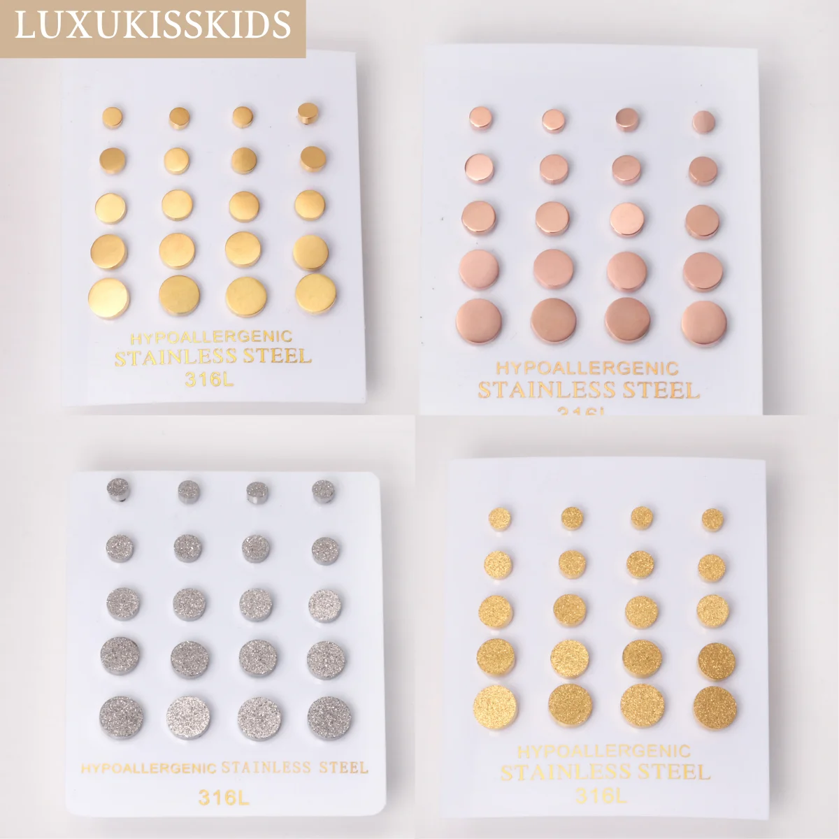 

LUXUKISSKIDS Difference Round Mix Size 10Pairs/Lots Earings Studs Set Matte Black Golden Surgical Steel Wholesale Trendy Frosted