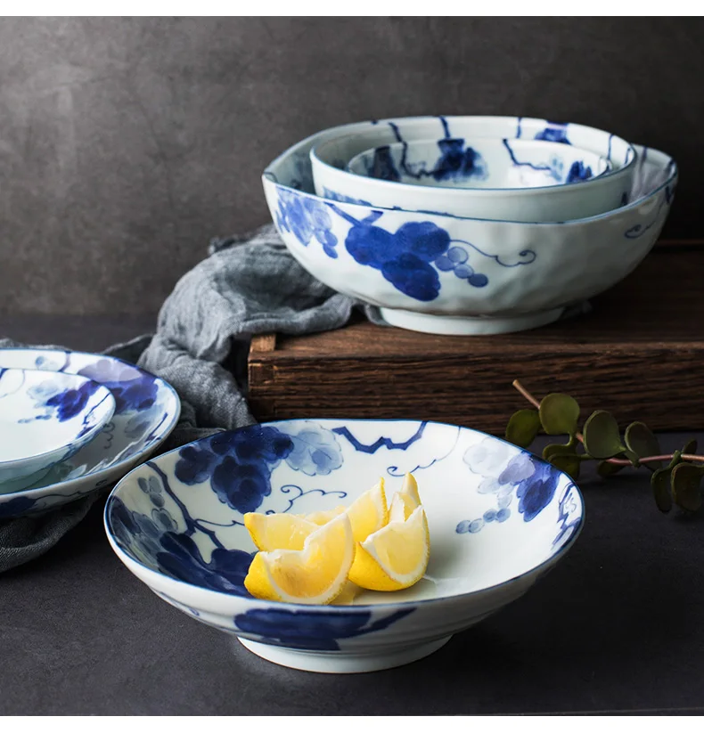 

1 PC Japanese Bowl Dish Plate Creative Irregular Ceramic Underglaze Grape Pattern Exquisite Household Made in Japan