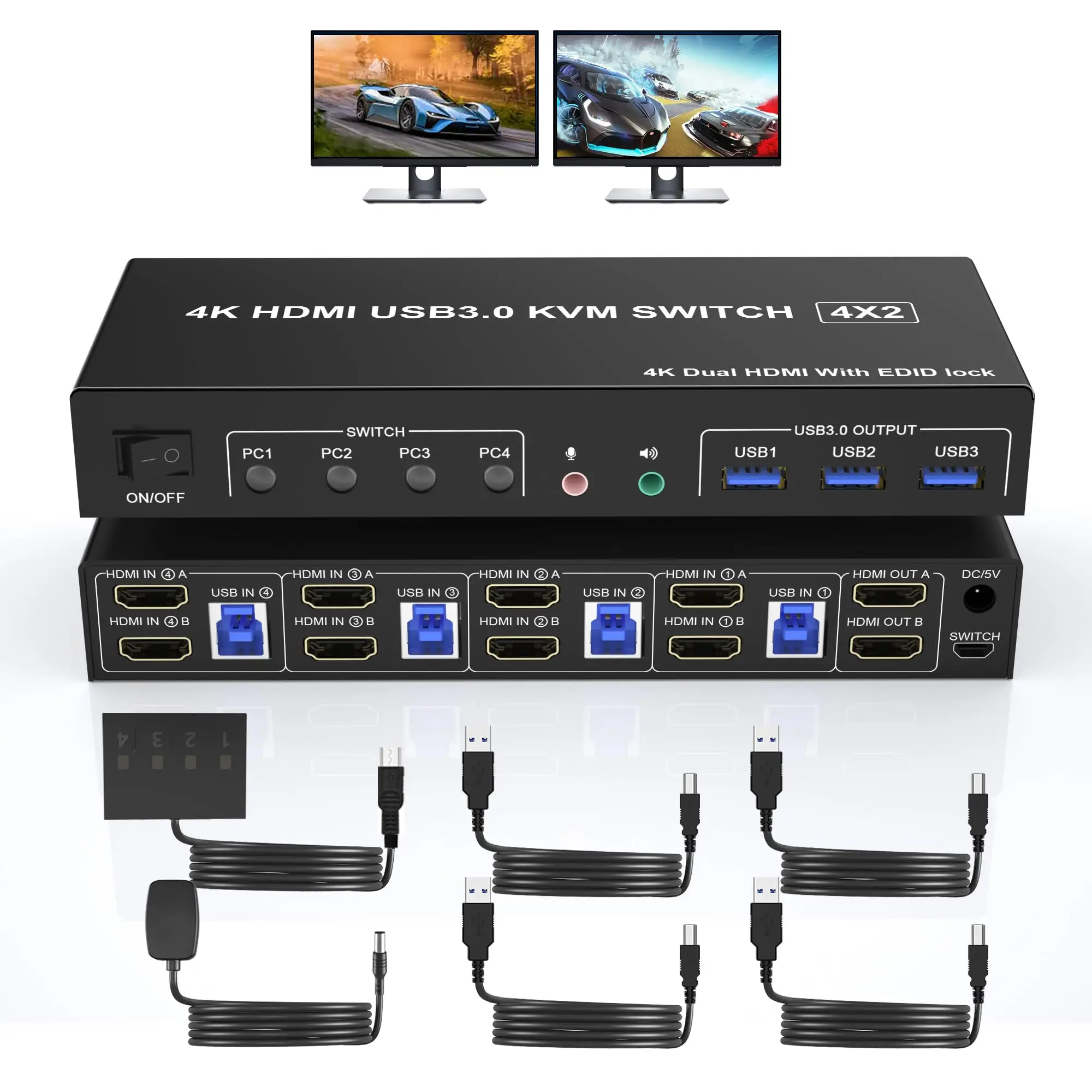 Фото 4K USB 3.0 KVM-переключатель HDMI Двойные мониторы 4 компьютера 2 монитора, 4-портовый KVM-переключатель HDMI Вход поддерживает эмуляторы EDID со звуком №1