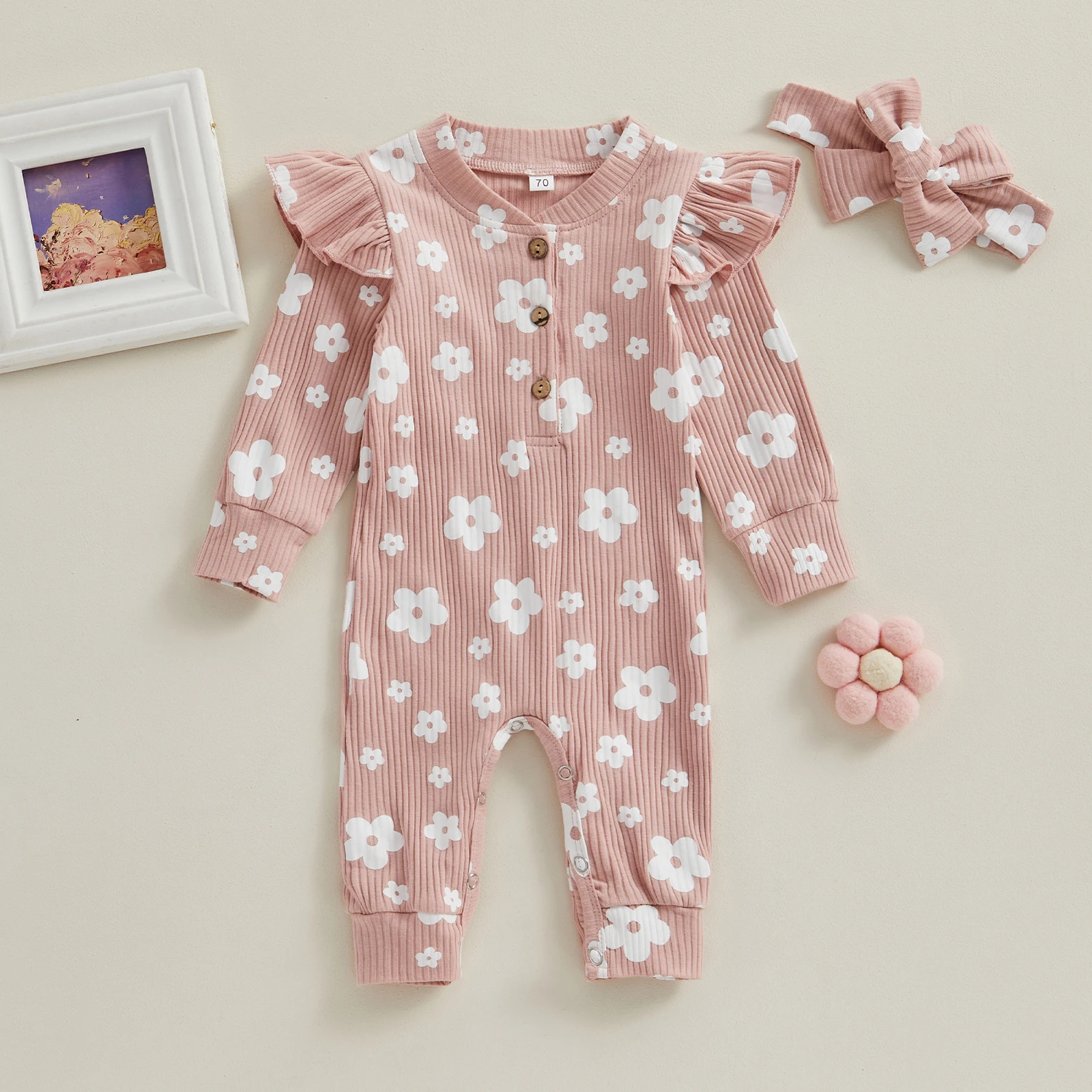 

Cute Rib Soft Cotton Baby Girls Romper Fall Outfits For Kids Floral Print Long Sleeves Jumpsuit Cute Headband Suit for Toddler