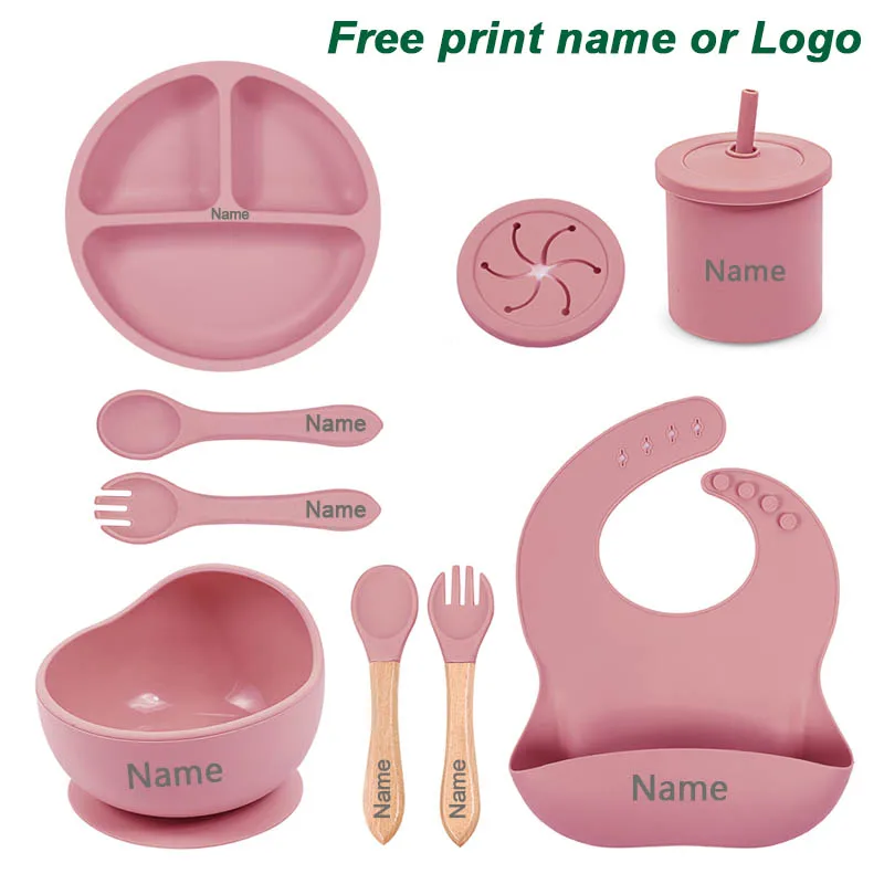 Baby Silicone Sucker Bowl Plate Cup Bibs Spoon Fork Set Pers