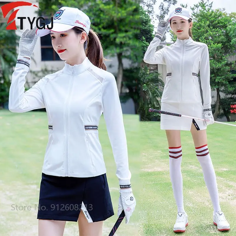 

TTYGJ Female Autunmn White Golf Jacket Women Elastic Golf Coat Sunscreen Long-sleeve Outwear Breathable Thin Tops Full Zipper