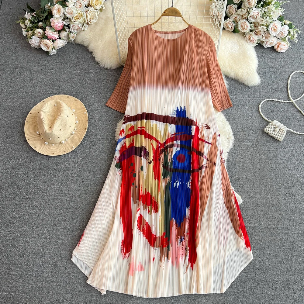 

VANOVICH темпераментное плиссированное платье с рукавом три четверти с круглым вырезом свободная талия ТРАПЕЦИЕВИДНОЕ с градиентным принтом Элегантное Длинное платье в Корейском стиле