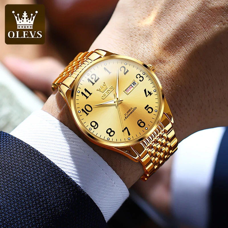 OLEVS Mens Watches Fashion Arabic Numeral Scale Display Aged Mechanical Watch Automatic Luminous Watch 30M Waterproof Reloj 6666