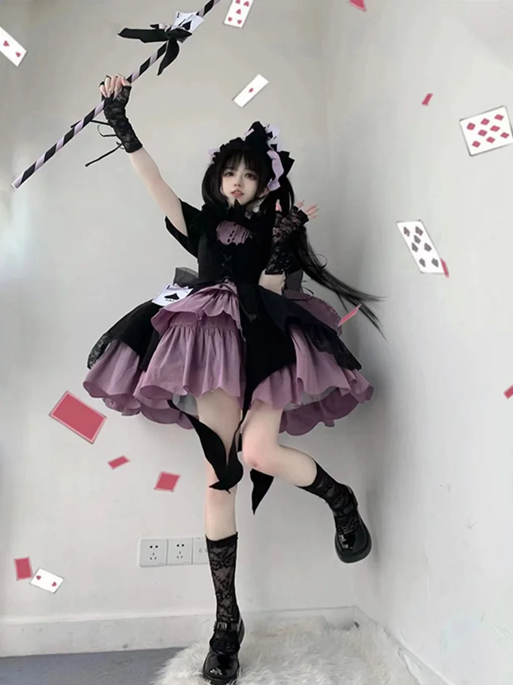 

Goth Women Lolita Dress Patchwork Short Sleeve Lace Up Slim Pullover Gothic Style Fashion Ladies Dress For Summer 2023