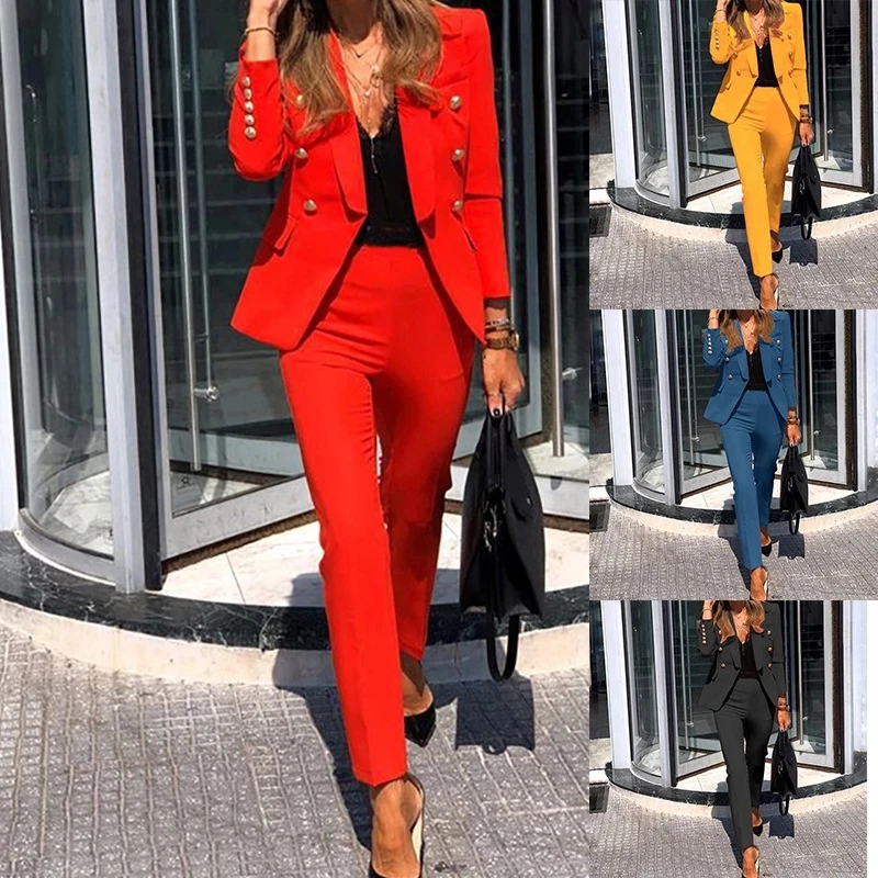 Womens Suits Blazer With Pants Double Breasted Shawl Collar Jacket Solid Two Piece Female Set