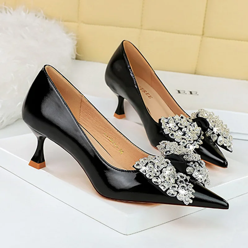 Women Diamond Butterfly-knot 5cm Thin Wineglass Heels Mujer Pointy Toe Green Pink Sewing Hand-Made Pumps For Narrow Feet 34-43