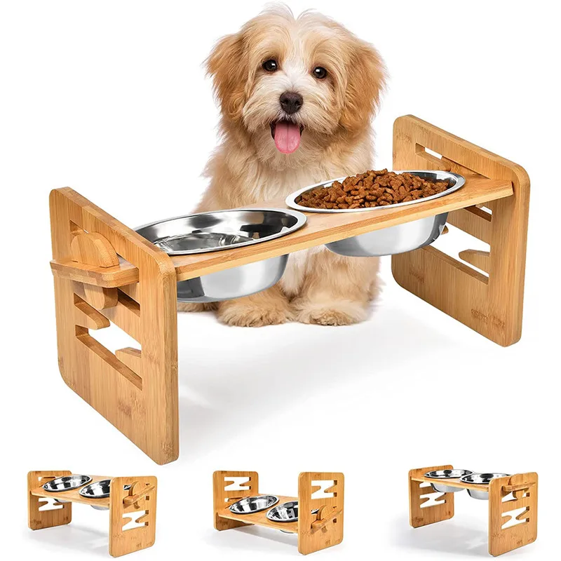 

Bamboo Elevated Dog Bowls with Stand Adjustable Raised Puppy Cat Food Water Bowls Holder Rabbit Feeder for Small Medium Pet with