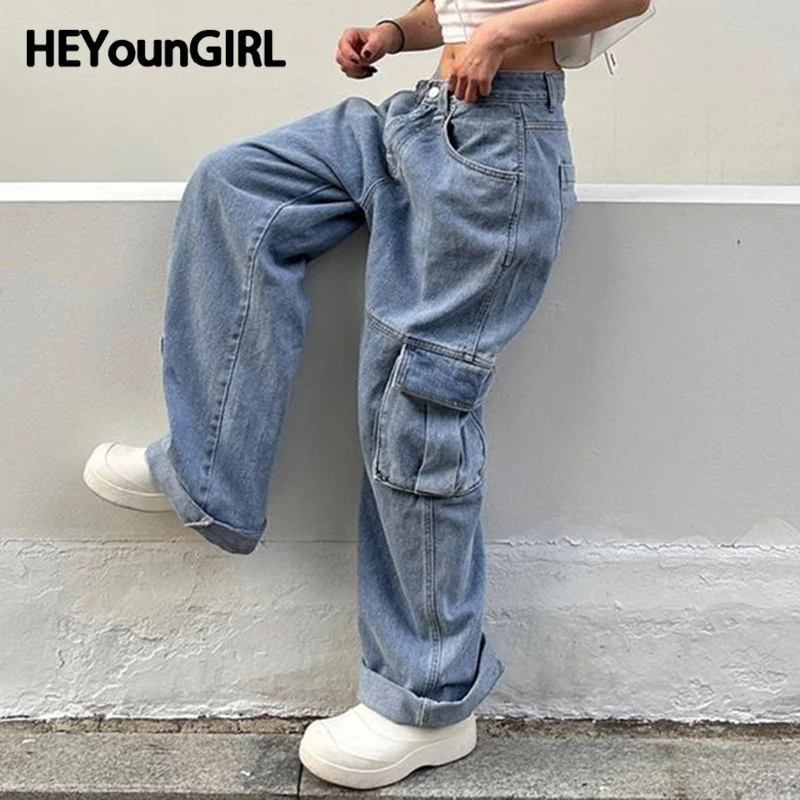 

Женские синие джинсовые брюки HEYounGIRL в Корейском стиле, Повседневная Уличная одежда в стиле хип-хоп с низкой талией, мешковатые джинсы с карманами в стиле Харадзюку Y2K, Джоггеры для девочек