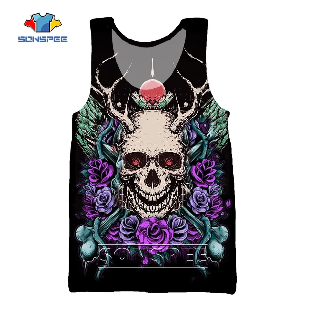 

3D Printing Harajuku Cartoon Hip Hop Tank Top Horror Skull Tattoo Flower Pattern Sports Fitness Bodybuilding Sleeveless Vest