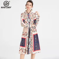 womens runway dress turn down collar long sleeves printed single breasted ruched fashion high street casual dresses vestidos
