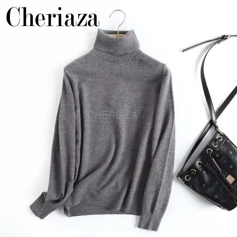 

CHeriaza Autumn and Winter New European and American Style Solid Color High Collar Camel Fleece Blended Base Sweater