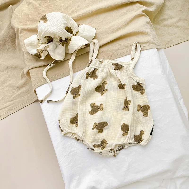 

Cute Baby Boys Girls Thin Sleeveless Bodysuit + Hat Suspenders Outfits With Hat Bear Printed Kids Newborns Overalls Baby Onesie