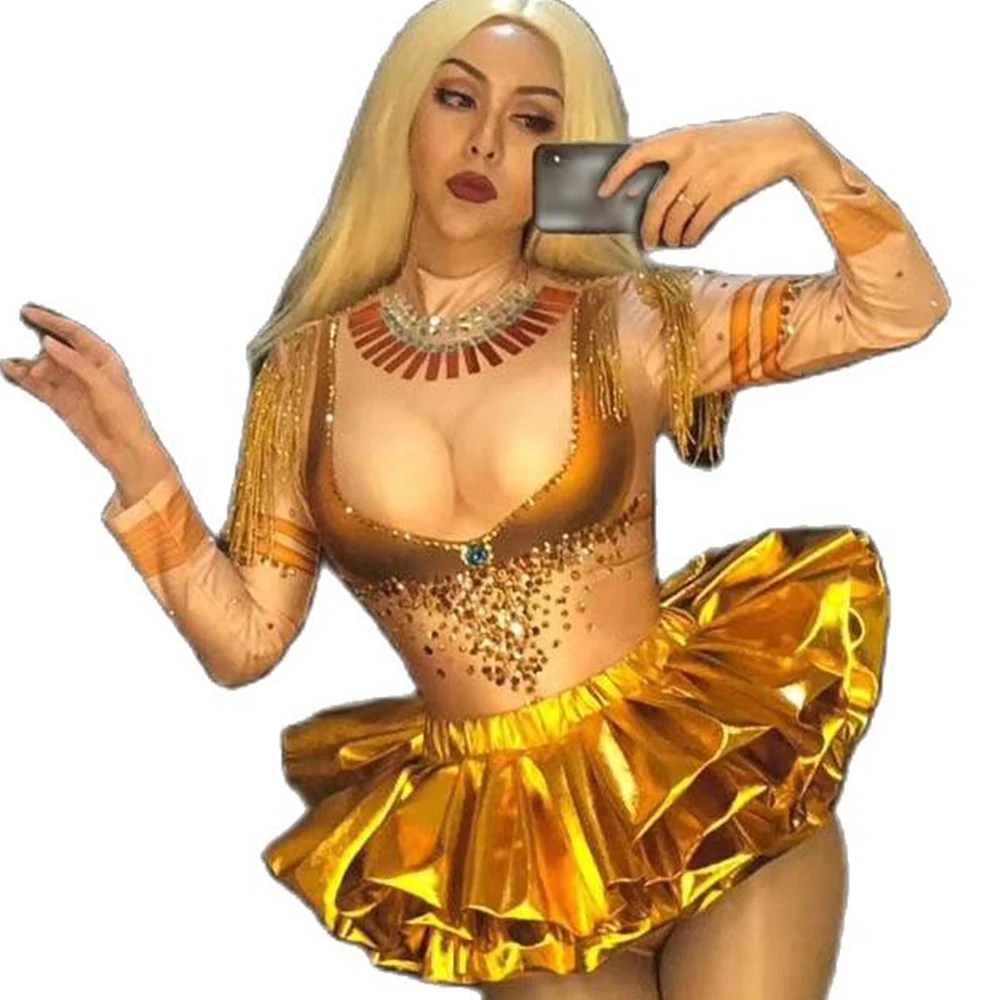 

Sparkling Gold Rhinestones Sequin Ball Gown Women Latin Ballet Dance Dresses Performance Costumes Nightclub Stage Wear
