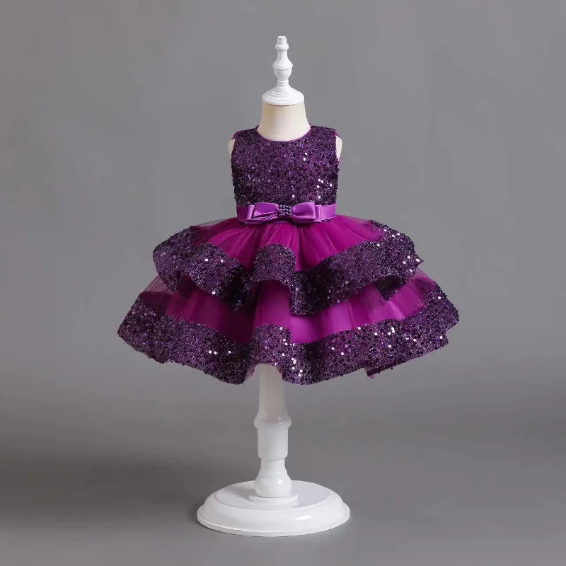 

Children Sequin Dress In Wine Red Color Princess Baby High Quantity Birthday Party Dresses Child Girl Wedding Frocks Prom Style