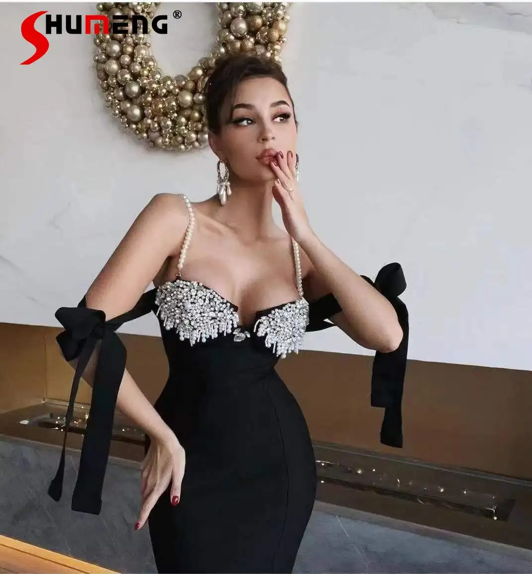 

Heavy Pearl Diamond Lace-up Bow Evening Bandage Dress Women Sexy Backless Midi Bodycon Dress 2022 Spring Fall Vestido Feminino
