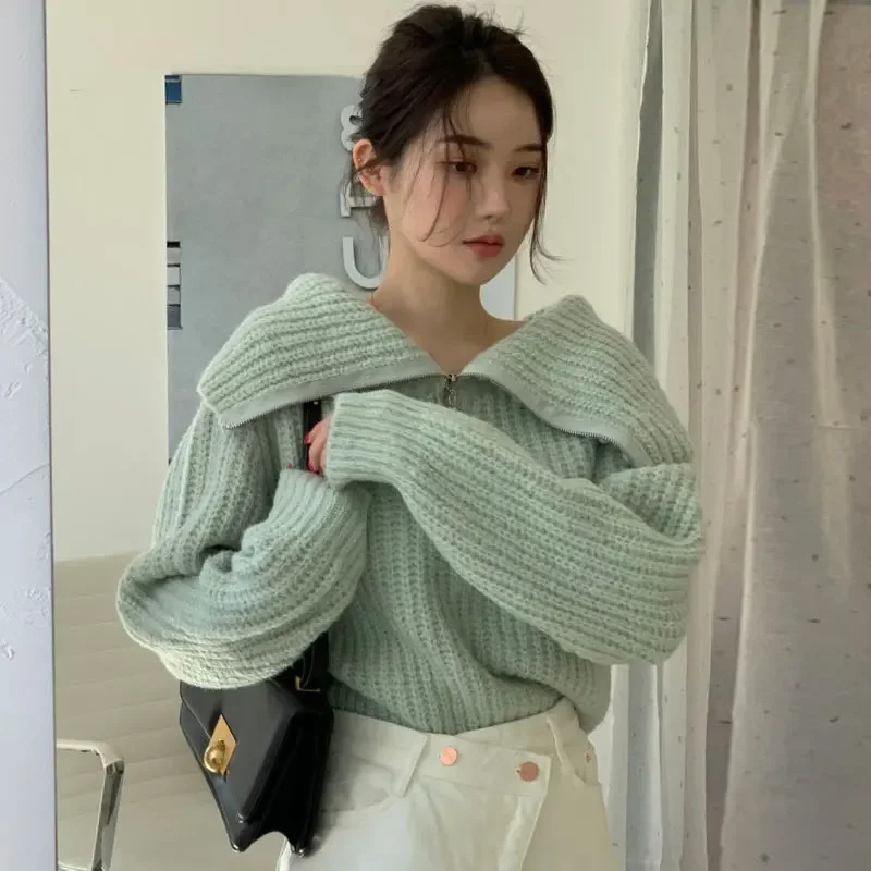 Chicfall/Зима Простой корейский стиль Большой лацкан молния дизайн Повседневный