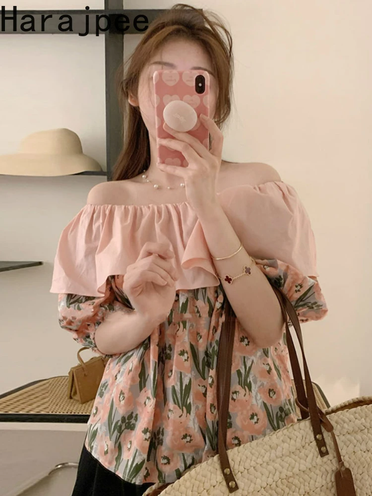 

Harajpee Printing Shirt Slash Neck Ruffls Lantern Sleeve Off Shoulder Summer New Elegant Loose Women Pullover Korean Chic Tops