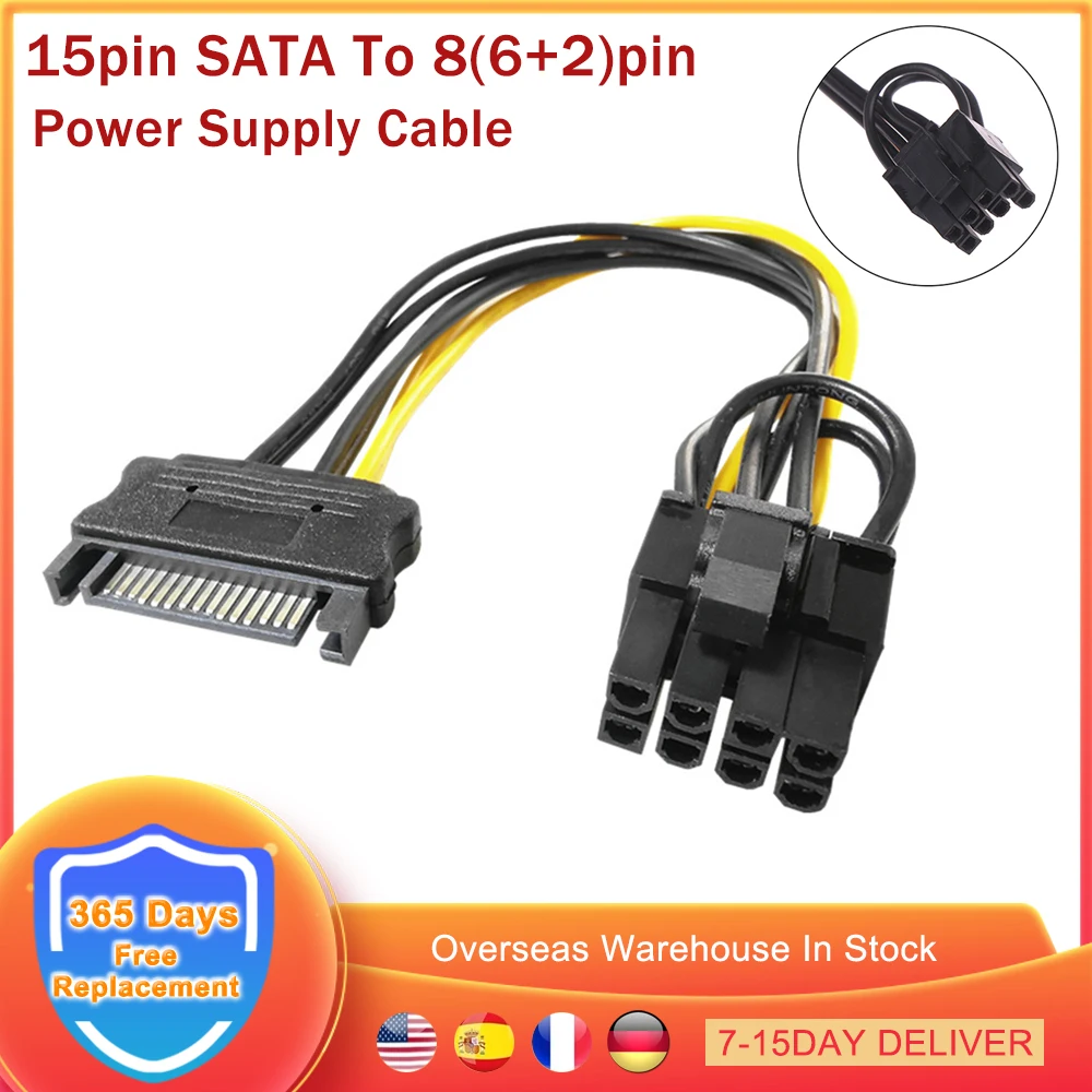 

15pin SATA Male To 8pin(6+2) PCI-E Power Supply Cable 20cm SATA Cable 15pin To 8 Pin Cable 18AWG Wire For Graphics Video Card