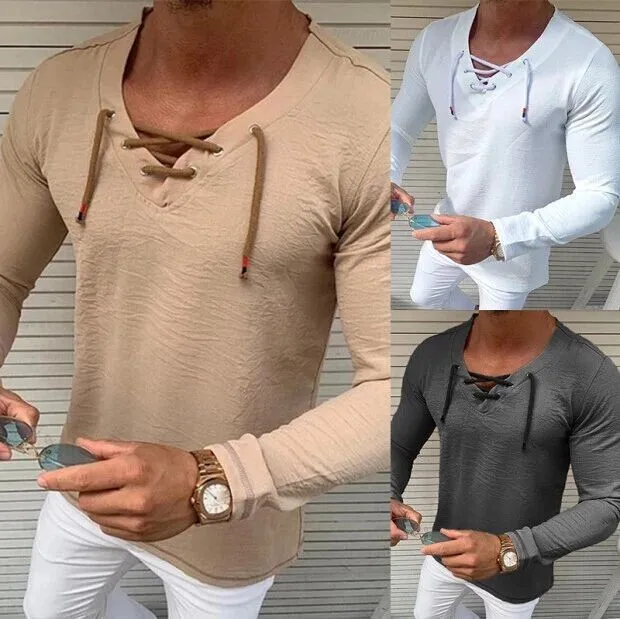 

men fashion trend pullover bottoming shirt summer autumn new solid V-neck rope men's long-sleeved cotton linen shirt Asian Size