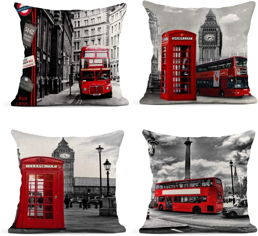 

Set of 4 Linen Throw Pillow Covers 18x18 Inch Home Decorative Cushion Red London Street Bus Telephone Booth Big Ben Pillow Cases