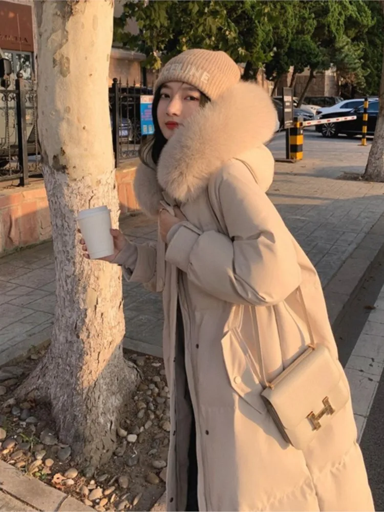 2022 Winter High Quality Fur Collar Long Padded Coat For Women Thick Warm Overcoat Female Loose Pocket Zipper Outerwear