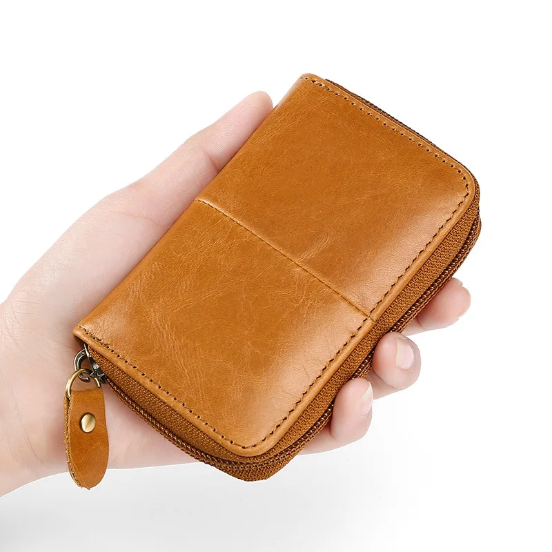 

Card Holder Leather RFID Cow Leather Card Holder Zipper Organ Card Holder Oil Wax Leather Zipper Coin Purse Card Holder