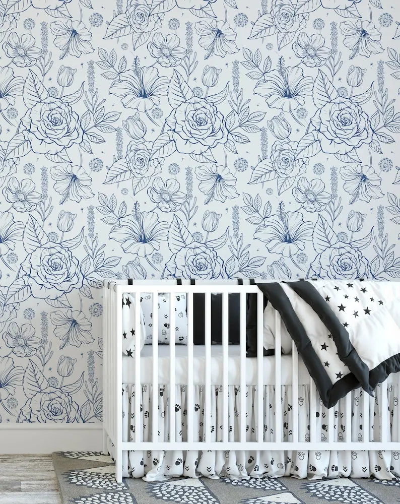 

Blue Floral Wallpaper Peel and Stick, Vintage Floral Wallpaper for Bedroom, Blue Flower Wallpaper Nursery Self Adhesive Removabl
