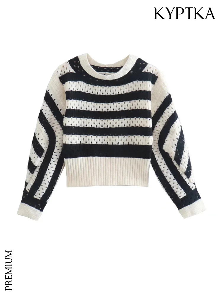 

Модный женский полосатый Свободный укороченный пуловер KYPTKA, вязаный свитер, винтажные женские пуловеры с круглым вырезом и длинным рукавом...