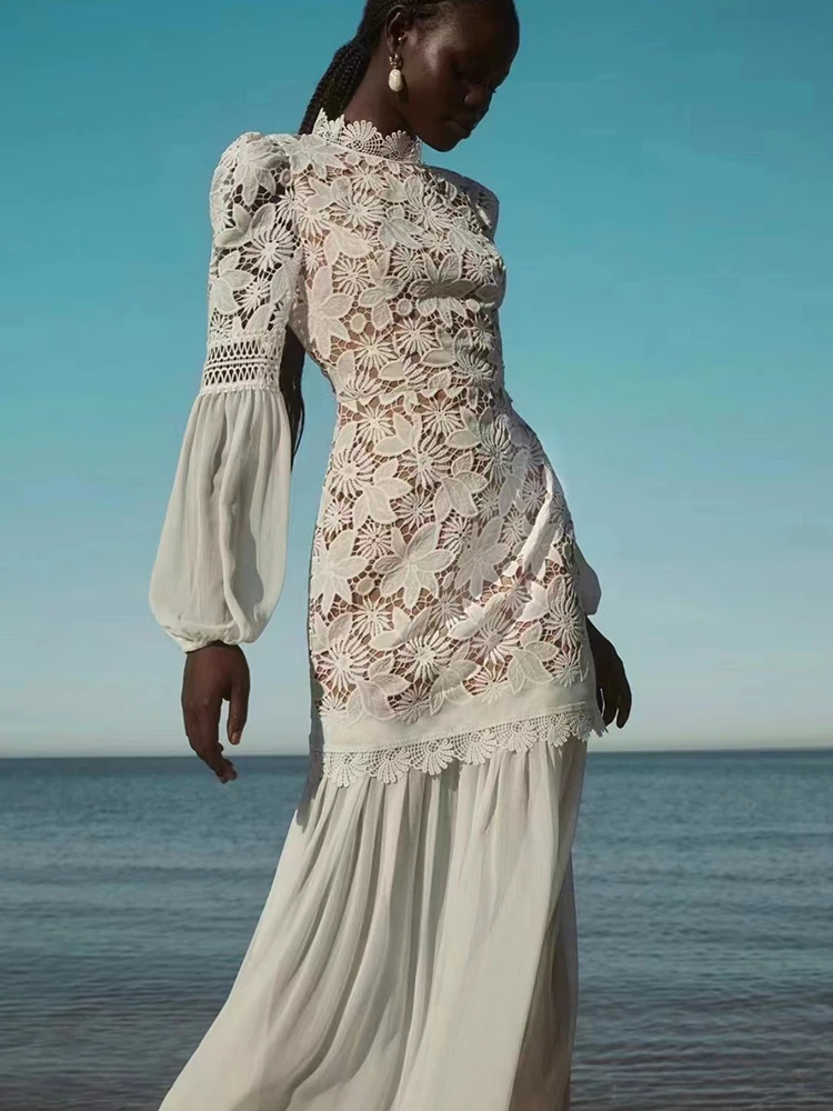 

YouYu Solid Elegant Dress For Women Stand Collar Lantern Sleeves High Waist Lace Hollow Midi Dresses Female Fashion New 2022