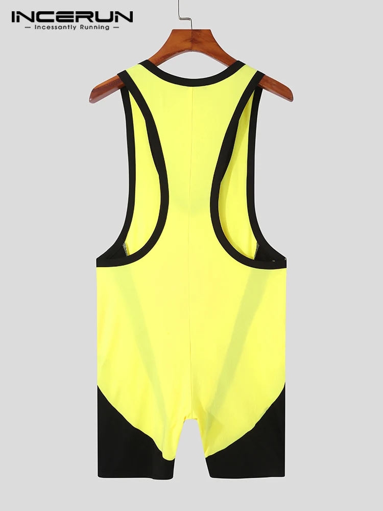 INCERUN 2023 Comfortable Homewear Men Hot Sale Sleeveless Jumpsuit Fashion Casual Style Male V-neck Splicing Zip Bodysuits S-5XL