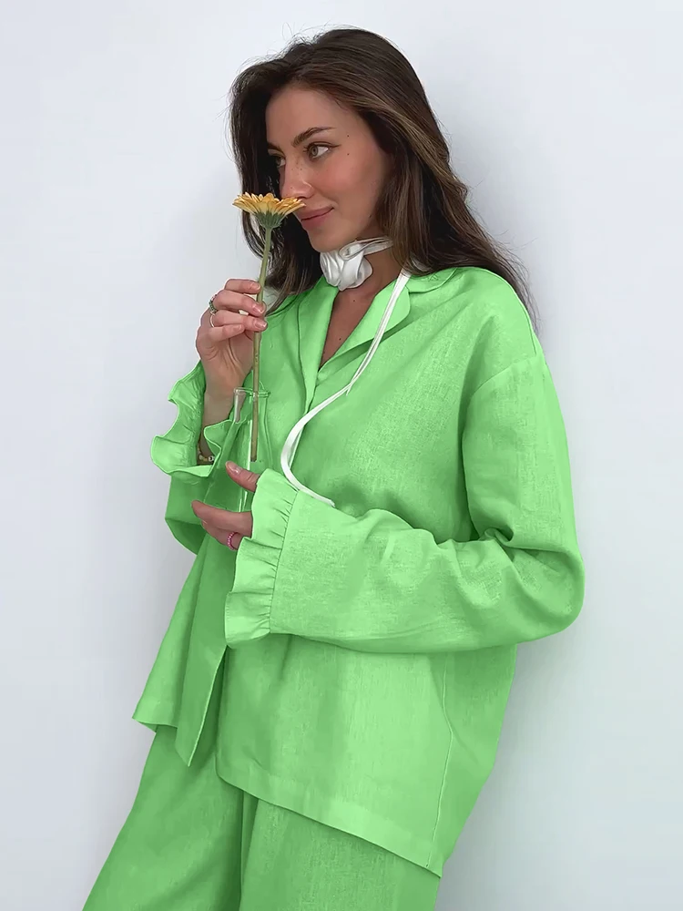 

Hiloc Green Cotton Home Suit For Women Ruffle Long Sleeve Two-Piece Set Single-Breasted High Waist New In Women's Sleepwear 2023
