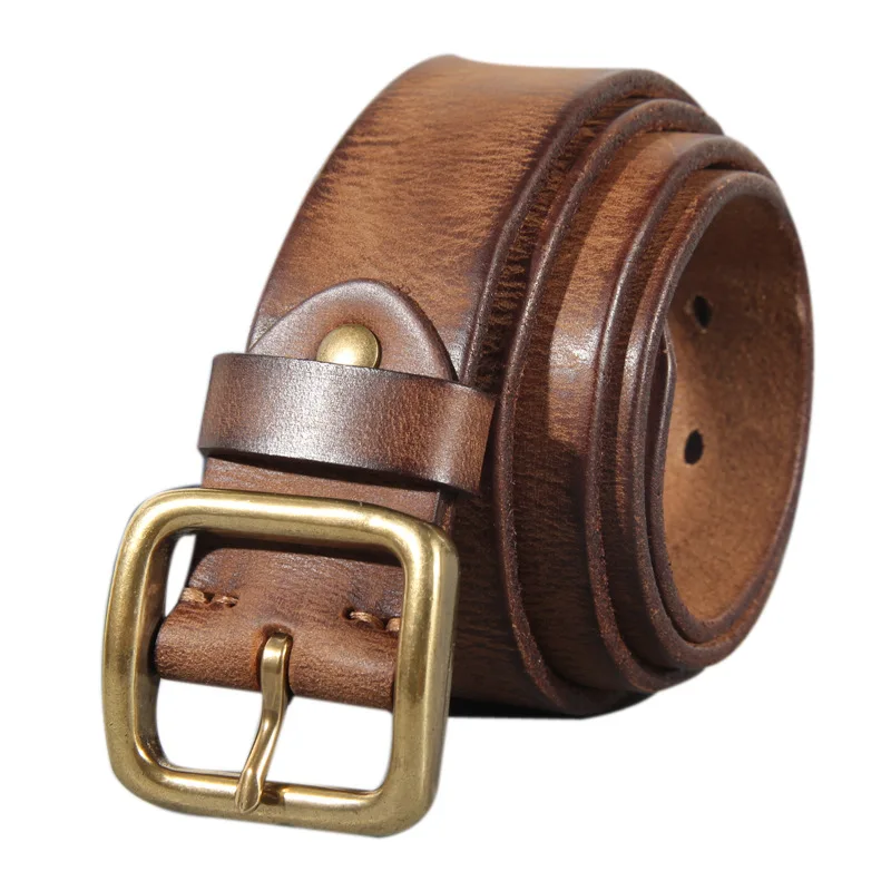 Soft Genuine Leather Men Belt Copper Buckle Manual Top Layer Pure Cowhide Retro High Quality Fashionable Jeans Belts