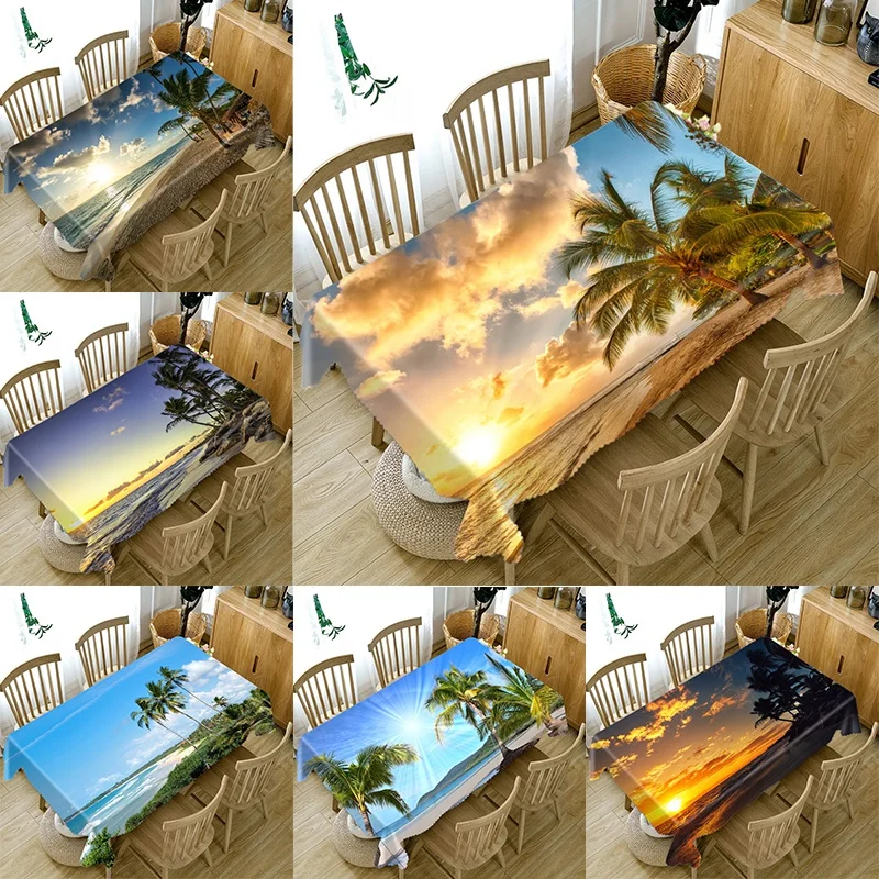 

3D Seaside Beach Coconut Tree Pattern Tablecloth Dustproof Waterproof Rectangular Table Cloth for Scenery Table Cover Home Decor