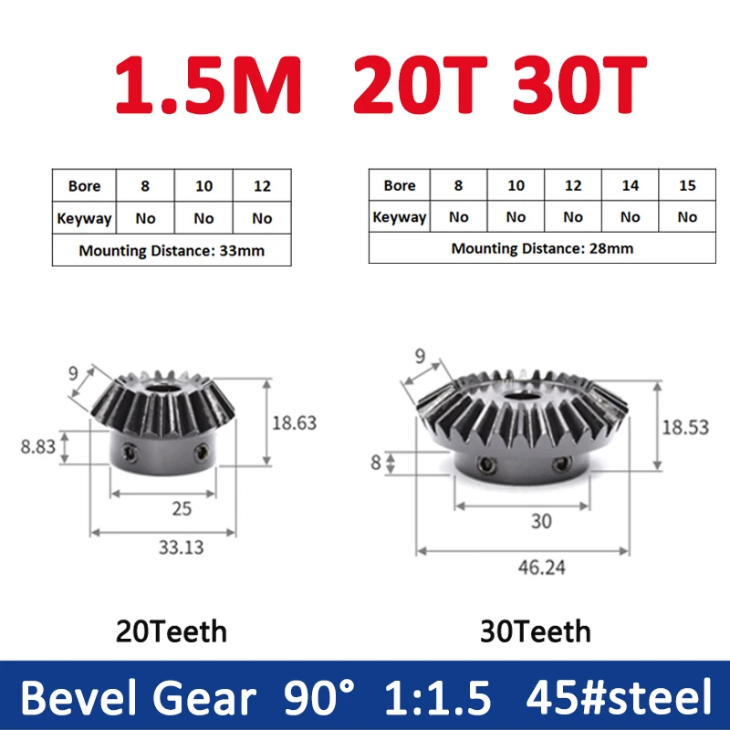 

1PCS 1:1.5 Bevel Gear 1.5M 20T 30T Bore 8/10/12/14/15mm Gear 90 Degrees Meshing Angle Steel Gears Screw Hole M5 45# Carbon Steel