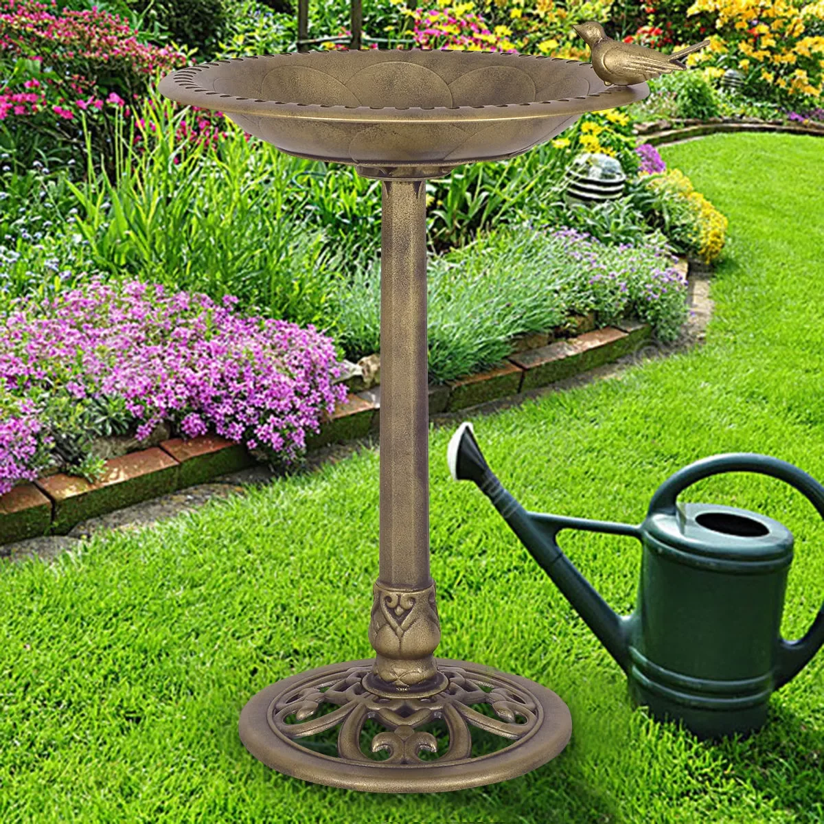 

Antique Gold Freestanding Pedestal Bird Bath Feeder Outdoor Garden Yard Decor PS6503