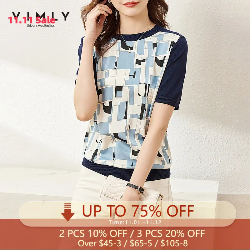 

VIMLY Summer Women's Tshirts Casual Contrast Oneck Knitted Tops 2021 Korean Thin Short Sleeve T-shirts Women Clothes F8053