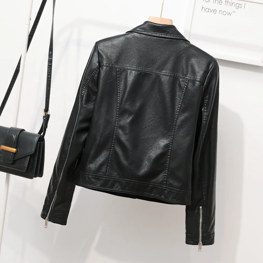 2023 spring new women's simple lapel leather jacket short motorcycle suit leather casual coat