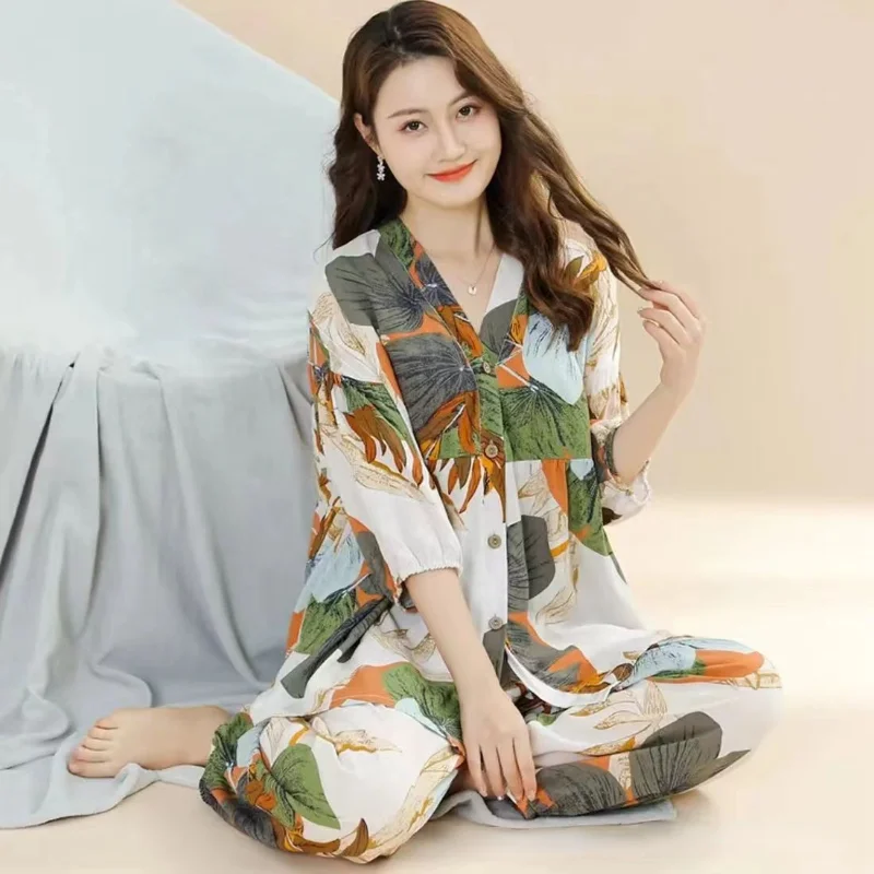 2023 New Women Pajama Sets 3/4 Sleeves Cotton Big Size Pijamas for Women Two-piece Set Elegant Loungewear Night Wears for Women