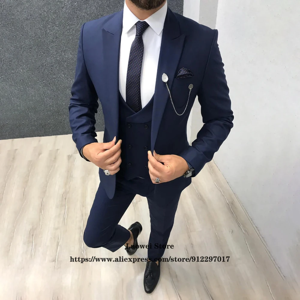 Fashion Suit For Men Slim Fit 3 Piece Jacket Vest Pants Set Formal Wedding Groom Peaked Lapel Tuxedo Male Office Business Blazer