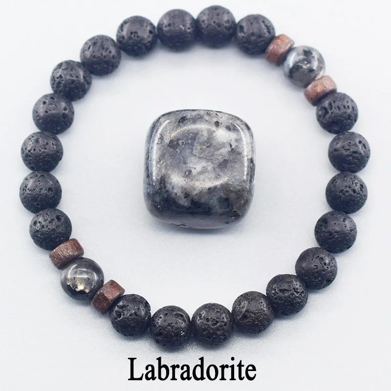 Браслет из бусин натурального черного лабрадорита с лунным камнем