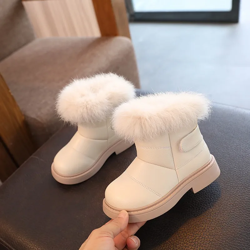 

2023 Winter Girls Fuzzy Snow Boots Waterproof Kids White Warm Boots Baby Fluffy Snow Boots England Style Children's Casual Shoes