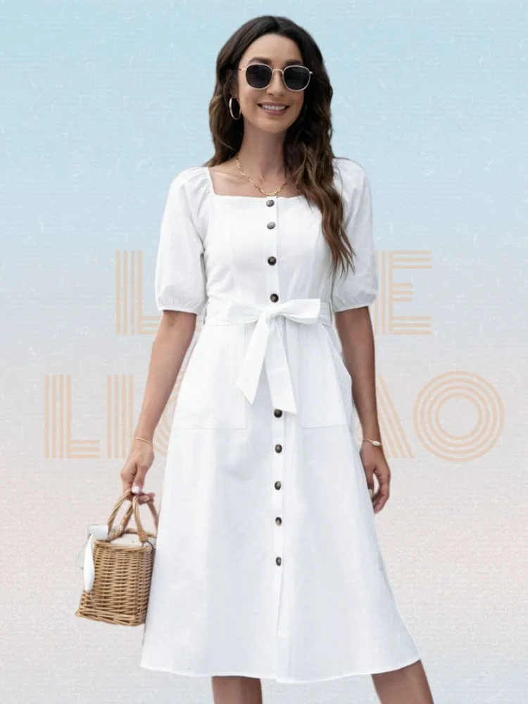 

Elegant Square Neck Lantern Sleeve Single Breasted Front Knot Belted Dress Women Summer Fashion Office Lady A-line Long Dresses