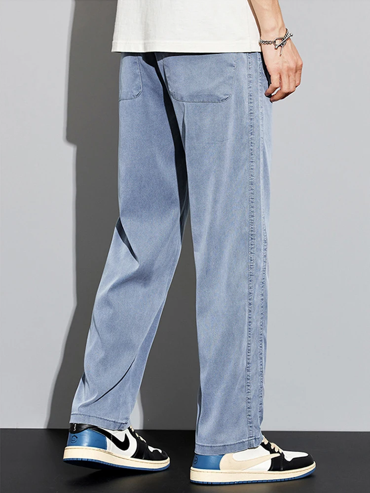 Summer Men's Jeans Soft Lyocell Fabric Thin Loose Straight Pants Drawstring Elastic Waist Korea Casual Trousers Plus Size 5XL