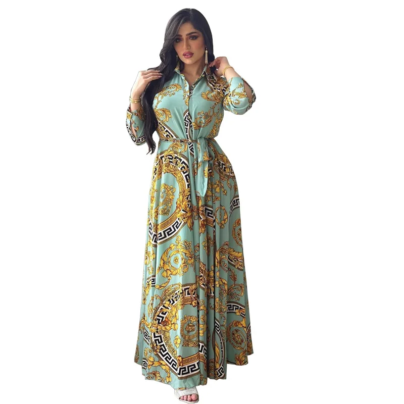 

Arabic Printing Shirt Dress Floor Length Elegant Middle East Abaya Party Dress Long Sleeves Button Dubai Jalabia