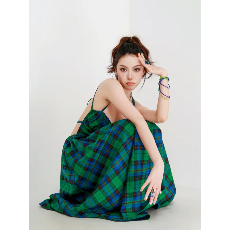 

Women's Plaid Slip Midi Dress Summer New High-end French Resort Style Long Version Check Niche Design Big Back Maxi Dress