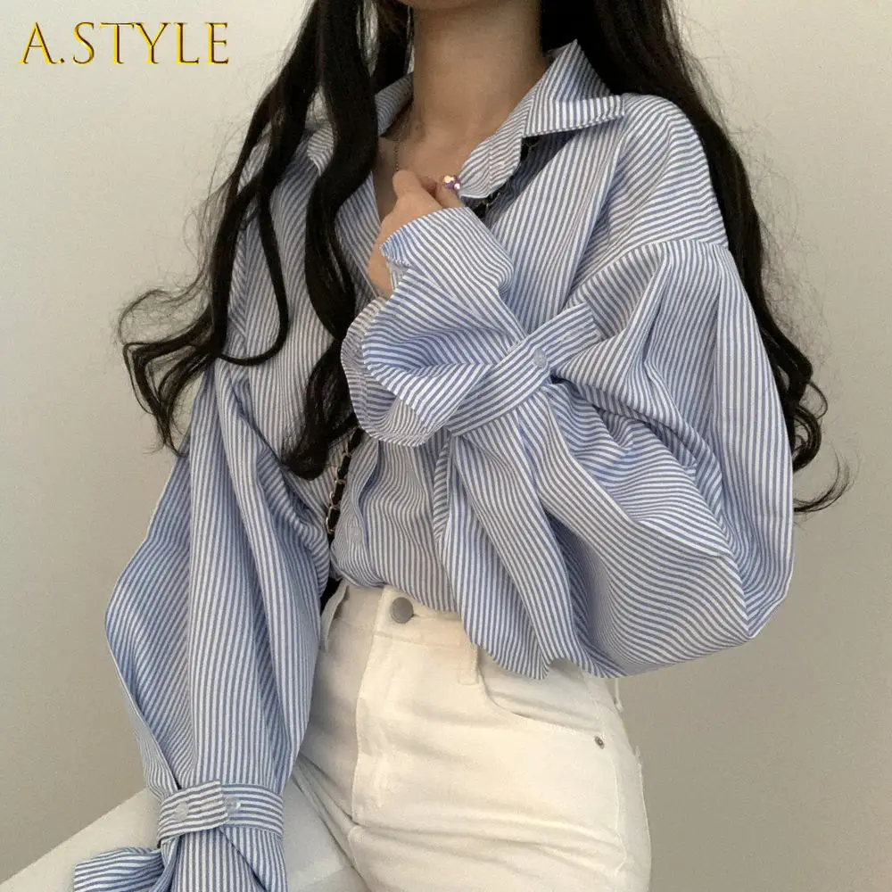 

Summer New Design Striped Women Shirts 2021 Lantern Sleeved Loose Elegant Office Lady Outwear Coats Tops