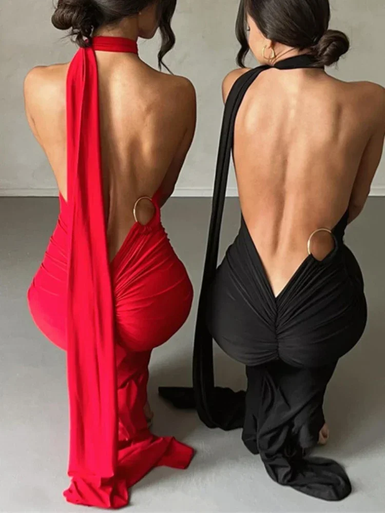 Женское длинное облегающее платье-макси без рукавов с открытой спиной и